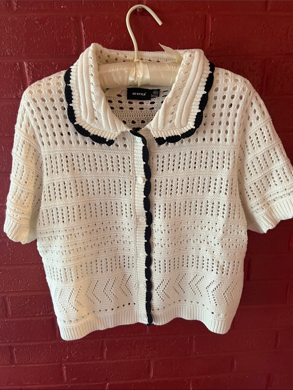 RD Style Cream Crochet Short-Sleeve Cardigan with Black Trim